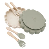 Set Assiette et Couverts en Silicone et Bois pour Bébé - Forme Fleur